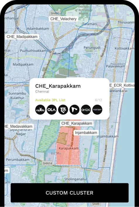Adloggs custom cluster in Chennai (Karapakkam) showing the 3PL carriers available in that cluster