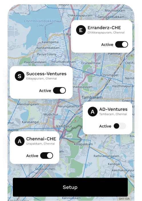 Adloggs partner setup in Chennai: delivery agencies listed by area, each with an Active switch